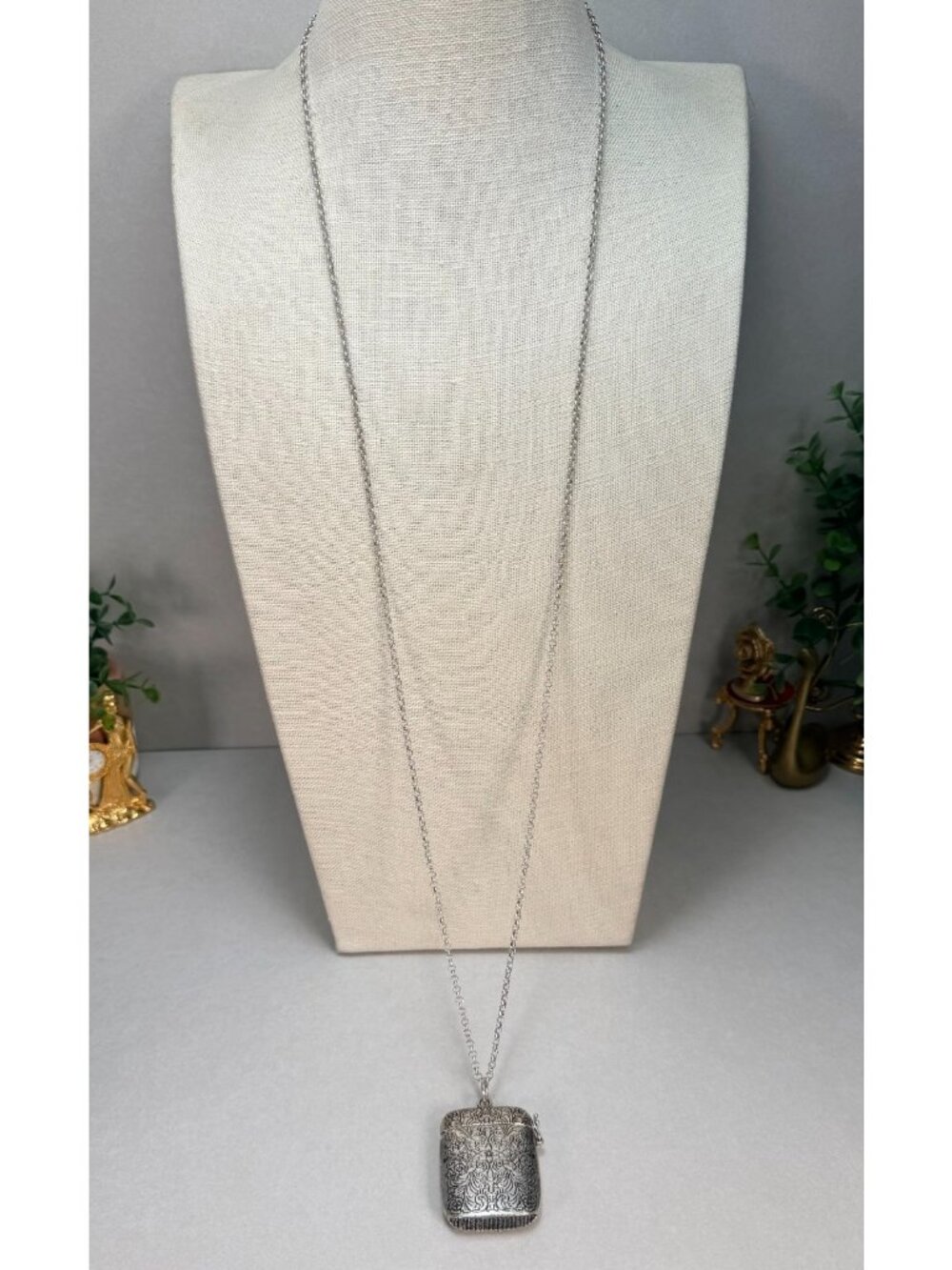 ZARA NWOT Silver Tone Engraved Locket Pendant Long Necklace Vintage Style